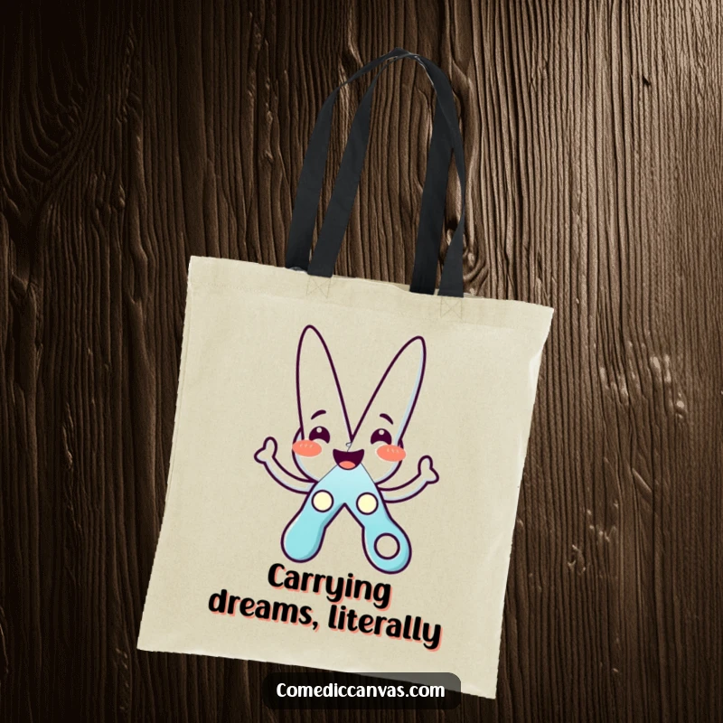 Funny tote bag designed with a beaming scissors character creating a star, ideal for carrying supplies with personality.