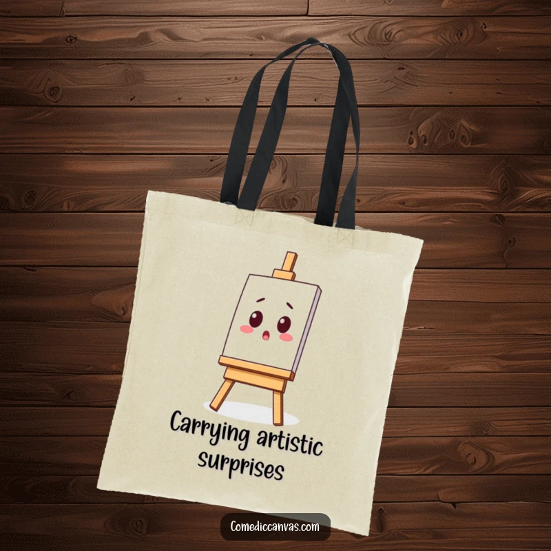 Funny tote bag depicting a surprised kawaii easel with a tilted canvas, a humorous and practical accessory for artists.