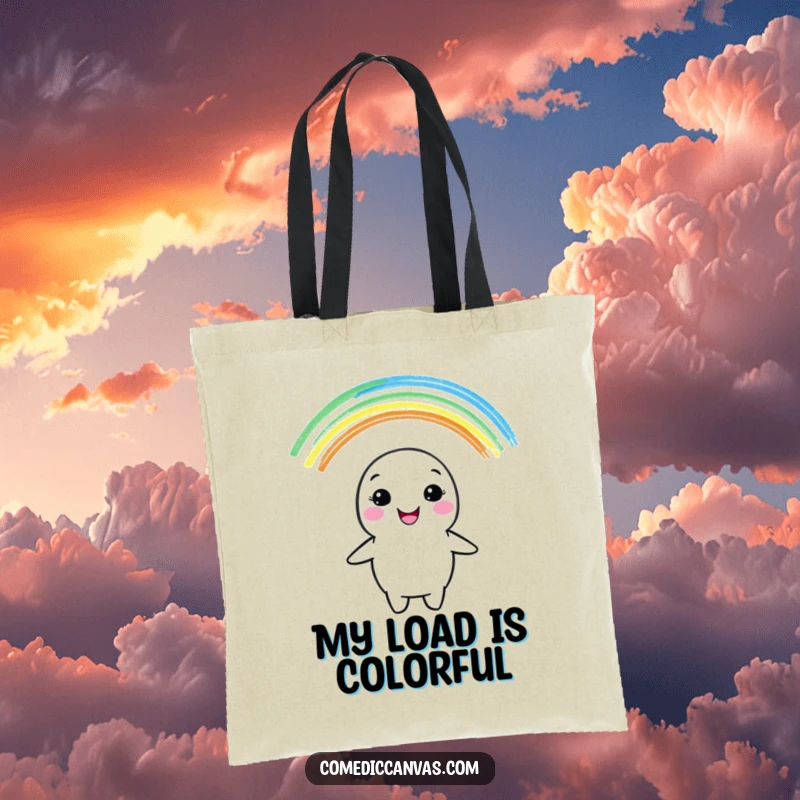 Funny tote bag with a cheerful crayon character drawing a vibrant rainbow, symbolizing hope and artistic expression.