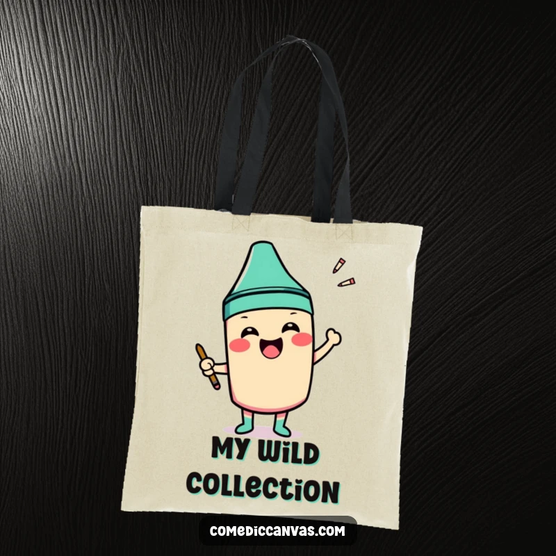 Funny tote bag with a smiling crayon character excitedly coloring outside the lines of a shape, for artists.